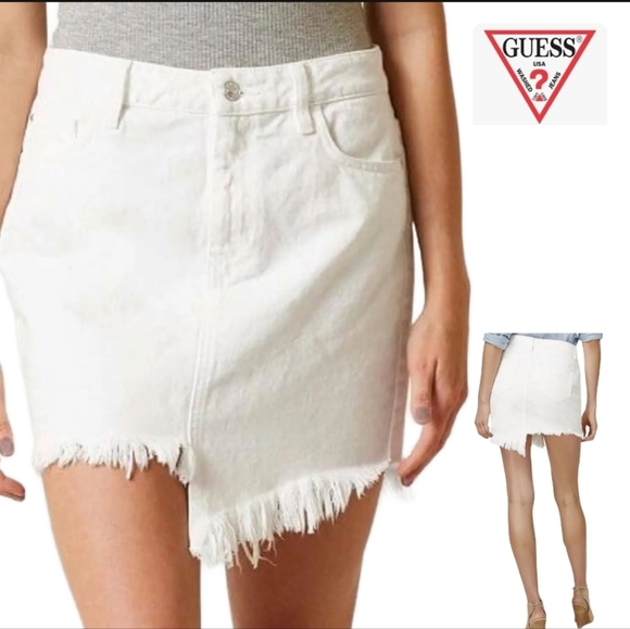GUESS Stella Raw Hem Asymmetrical Fringe Optic White Denim Skirt - Picture 1 of 7